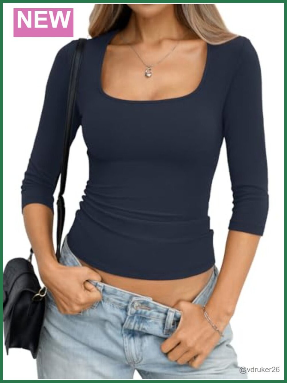 Womens Cotton 3/4 Sleeve Fitted Square Neck Top Stretch Jersey Tee
